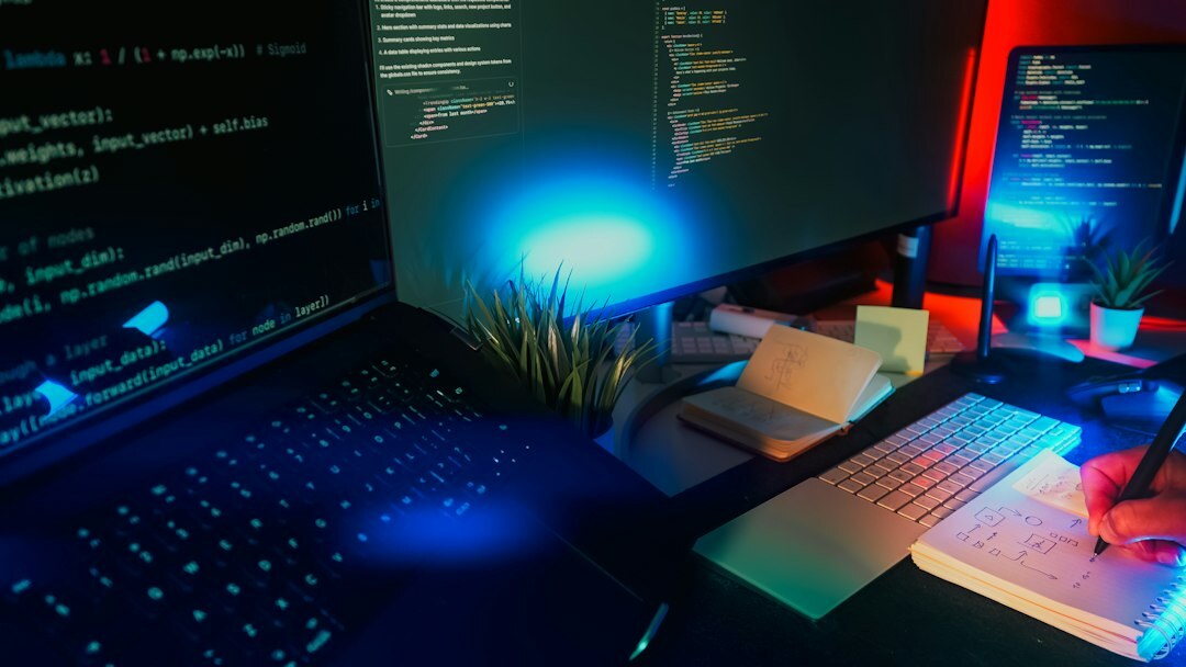 Young Swiss video editor working at a colour grading workstation with multiple monitors